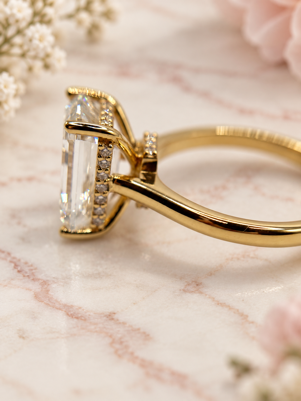 5.65 CTW Emerald-Cut Lab-Grown Diamond Hidden Halo Ring in 14K Yellow Gold