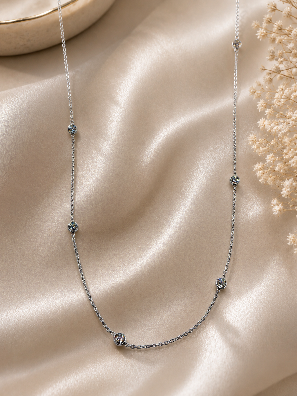 1 Carat Lab Diamond By The Yard Necklace 14K White Gold flat lay