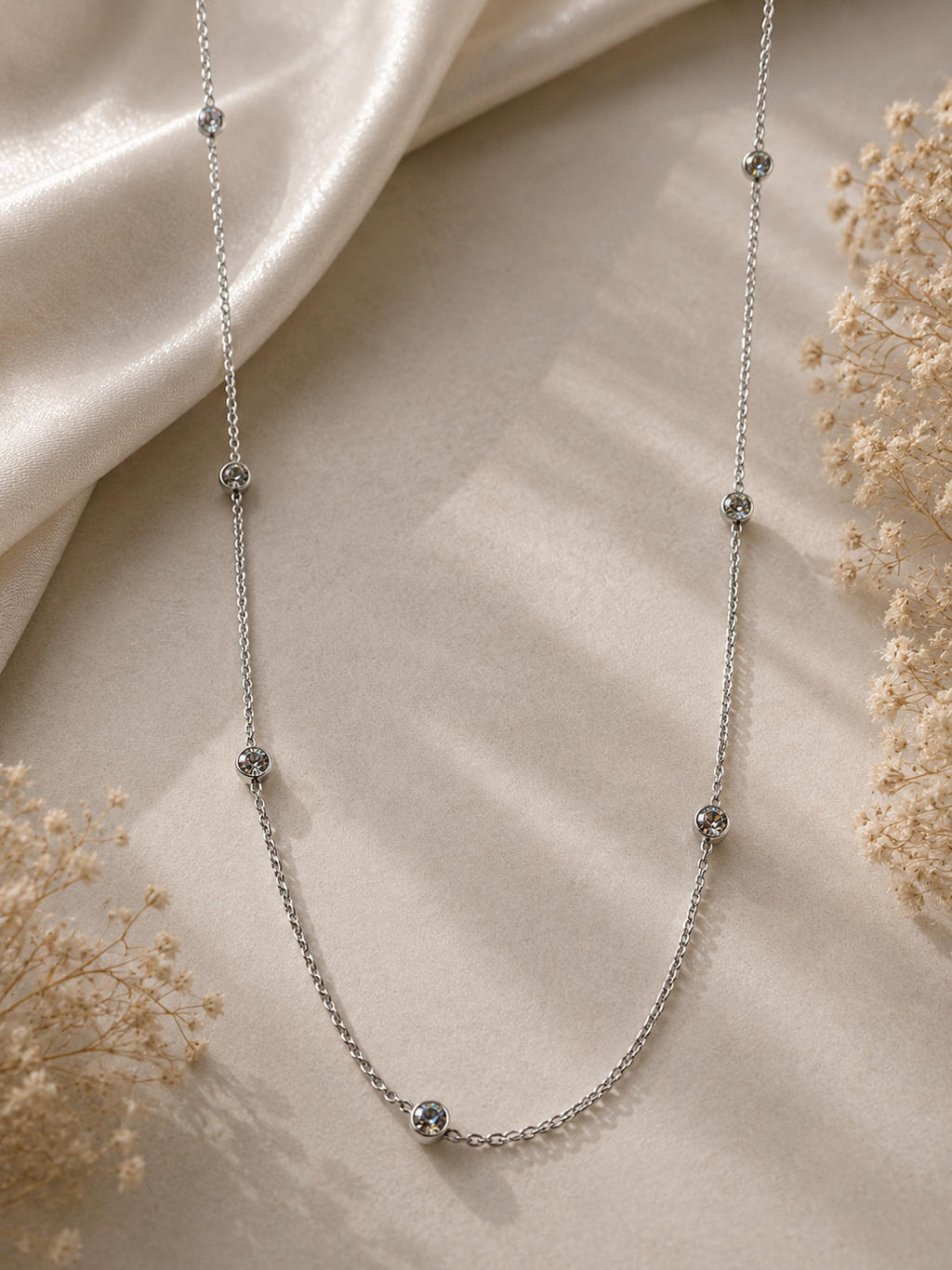 1 Carat Lab Diamond By The Yard Necklace 14K White Gold with florals
