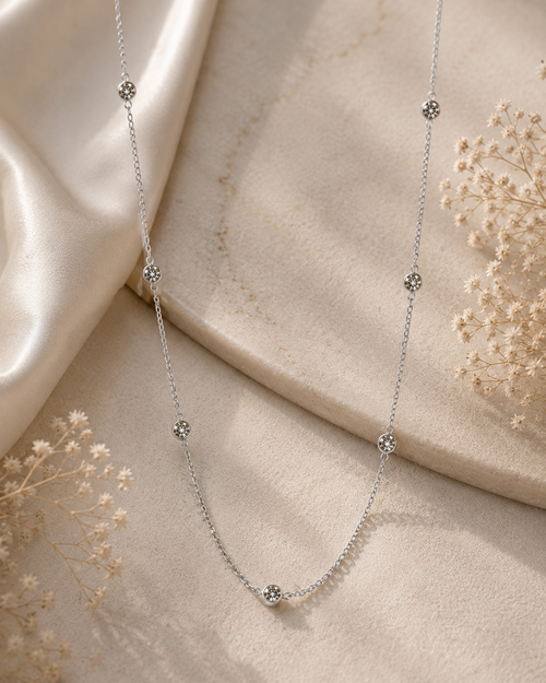 1 Carat Lab Diamond By The Yard Necklace 14K White Gold on marble
