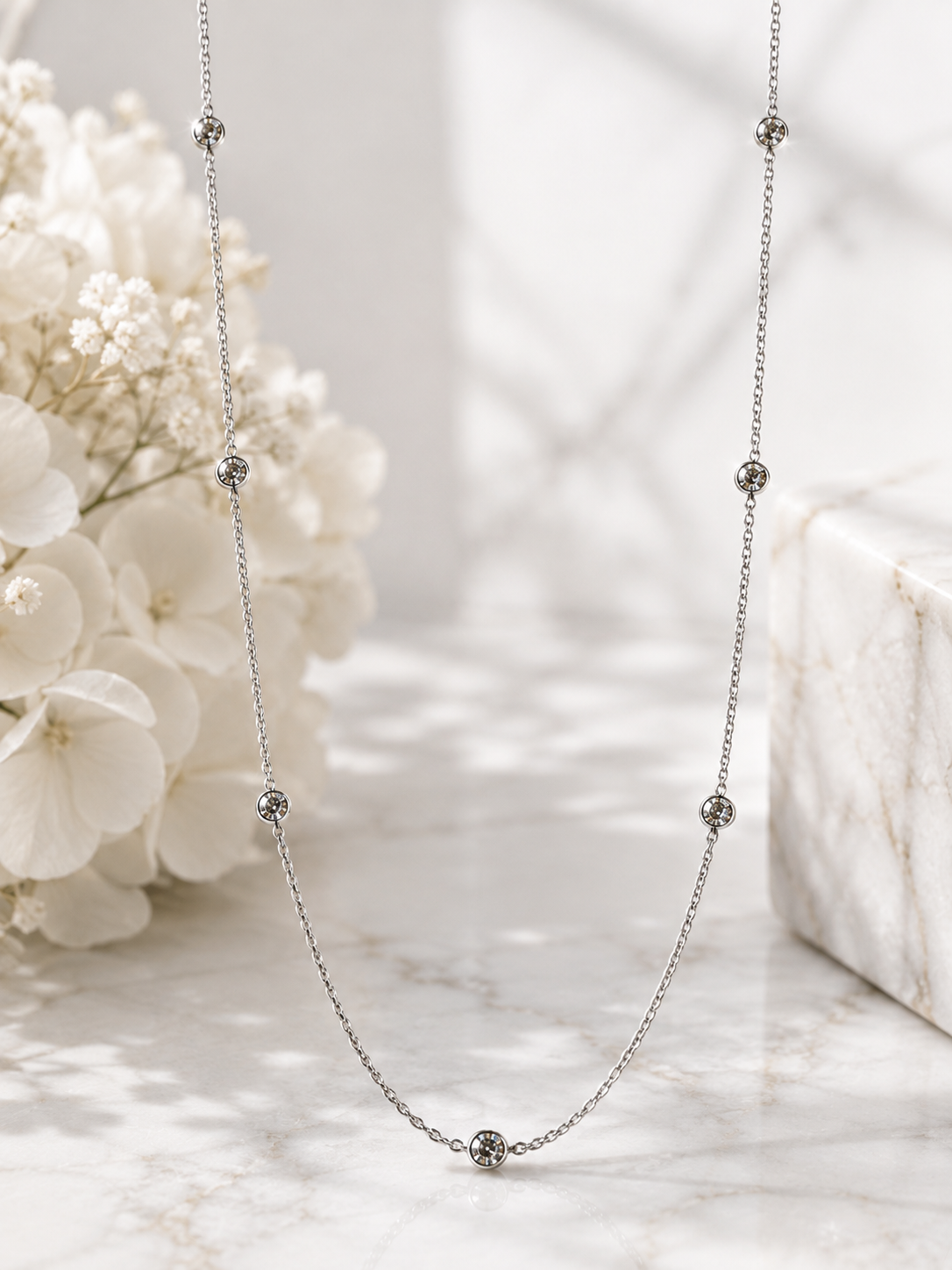 1 Carat Lab Diamond By The Yard Necklace 14K White Gold on silk