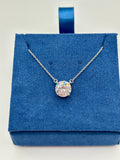 2 carat lab diamond solitaire station necklace in 14K white gold on blue velvet box, top view