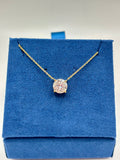 1.5 carat pink lab diamond solitaire station necklace in 14K yellow gold on blue velvet box, front view