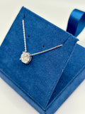 1.5 carat lab diamond solitaire station necklace in 14K white gold on blue velvet box, angled view